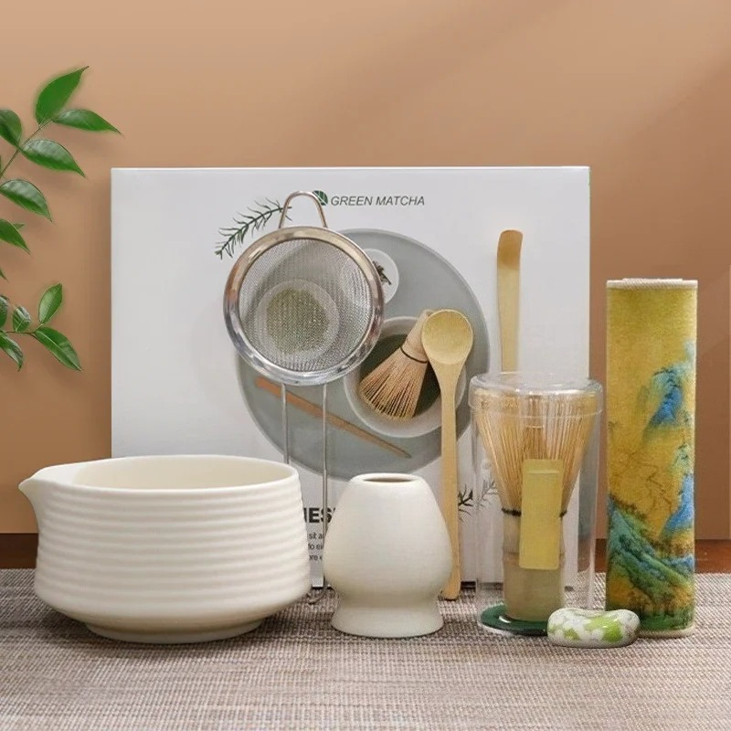 Matcha Whisk Set - ชุดชาเขียวมัทฉะพรีเมียม 8 ชิ้น ชุดชงชาแบบญี่ปุ่น ถ้วยเซรามิก พร้อมตะกร้อมือ