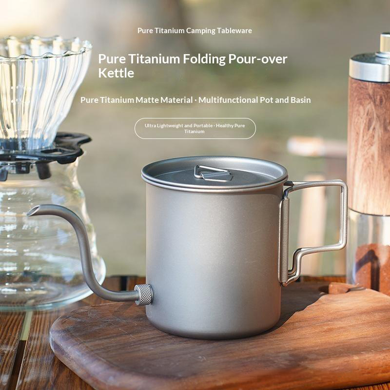 Pour Over Kettle - กาต้มน้ำกาแฟแบบพับได้ทำจากไทเทเนียมบริสุทธิ์ น้ำหนักเบาพิเศษ เหมาะสำหรับการตั้งแคมป์ เดินป่า และการเดินทางกลางแจ้ง