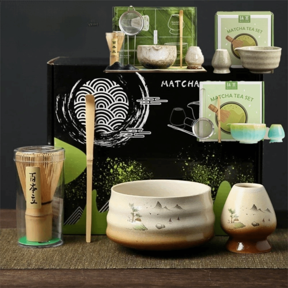 Matcha Whisk Set - ชุดชาเขียวมัทฉะแบบญี่ปุ่น ชามมัทฉะ ช้อนมัทฉะ แปรงมัทฉะ อุปกรณ์ชงชา ชุดไม้ตีชาเซรามิกและไม้ไผ่