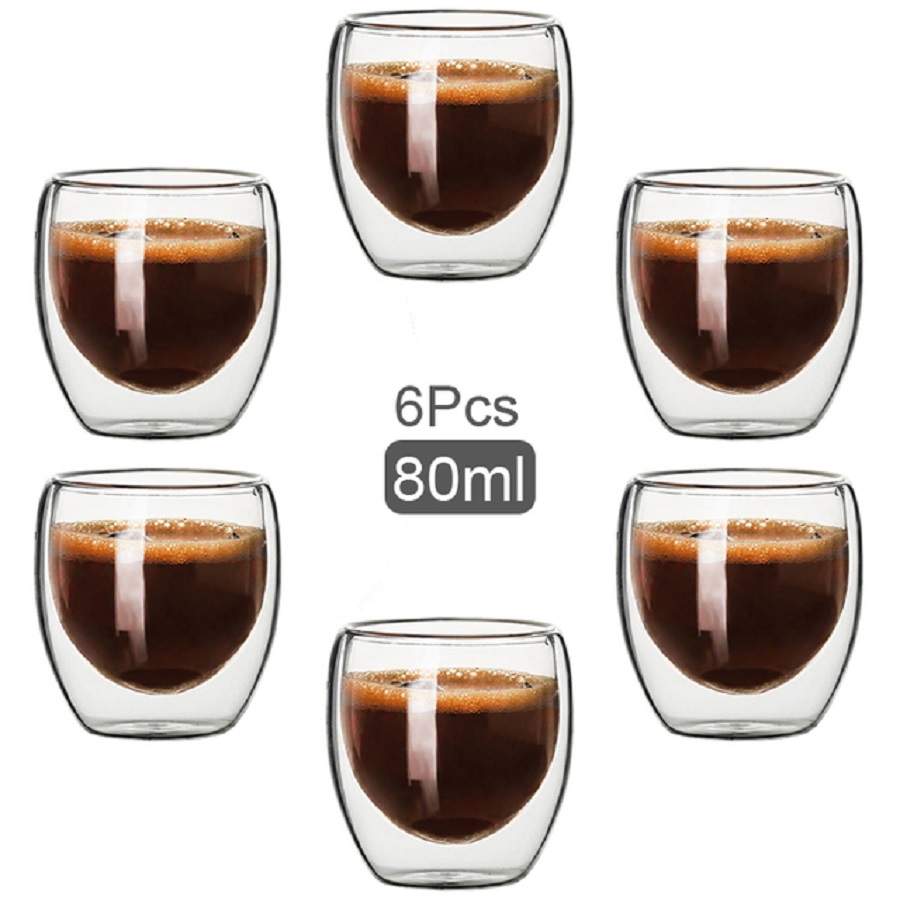 Double Wall Mug - แก้วกาแฟผนังคู่แก้วแก้วผนังคู่คาปูชิโน่โกโก้นมถ้วย, 2.7 ออนซ์ของชุด 6 แก้วชากาแฟ, แก้วใส