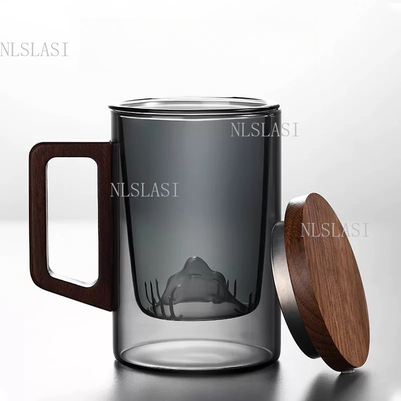 Double Wall Mug - แก้วชาสองชั้นสีเทาควันบุหรี่ พร้อมที่จับไม้ ที่กรองชาในตัวพร้อมฝาไม้ ถ้วยชงชาสำหรับใช้ในบ้าน