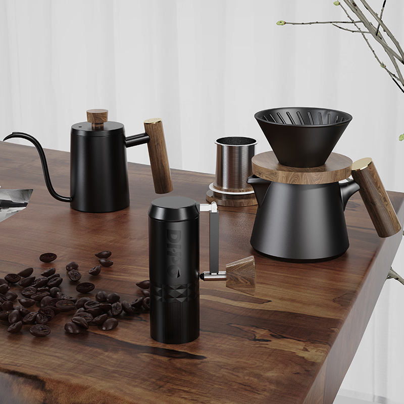 Pour Over Kettle - ชุดกาแฟหรู DHPO พร้อมแก้วกาแฟสองชั้น เครื่องบดกาแฟแบบมือหมุน กาน้ำร้อนแบบพกพา ชุดดริปกาแฟสำหรับเดินทาง