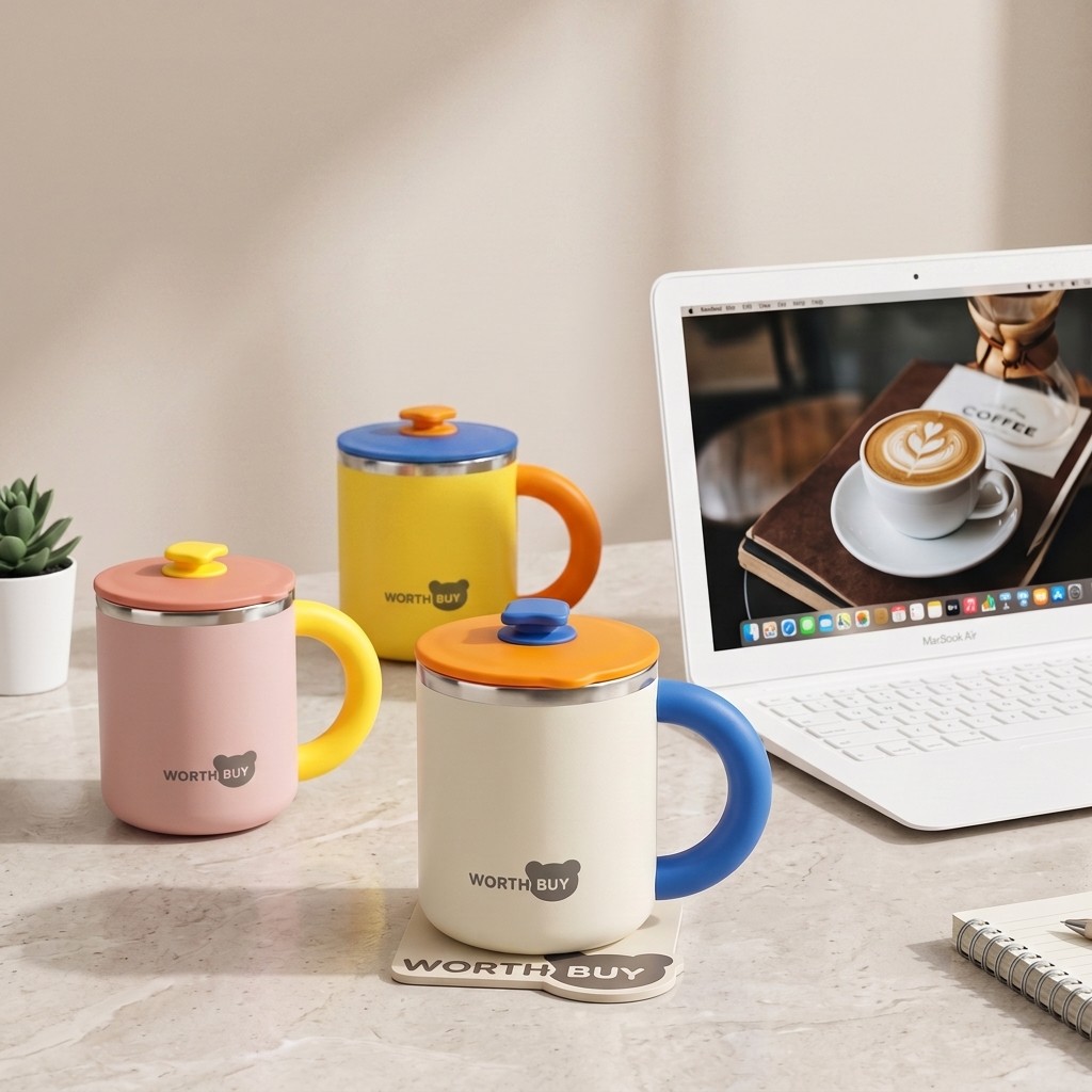 Double Wall Mug - แก้วกาแฟสแตนเลส 304 พร้อมฝาปิดและหูจับ แก้วเก็บความร้อนสองชั้น ใช้ซ้ำได้ ไม่แตกหัก